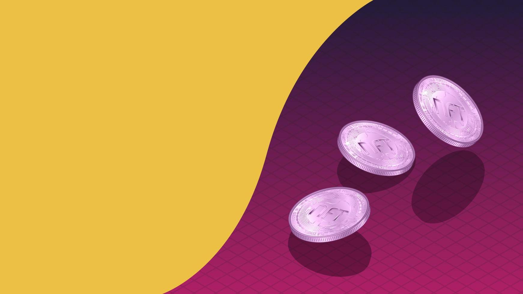 NFT non fungible tokens banner with isometric falling coins and copy space on yellow. Pay for unique collectibles in games or art. Vector illustration.