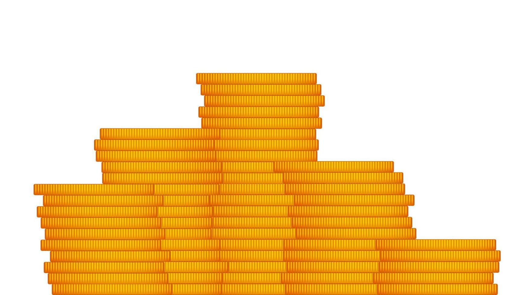 Golden stack of coins isolated on white. Cartoon style. Side view. Big jackpot. Vector 10.