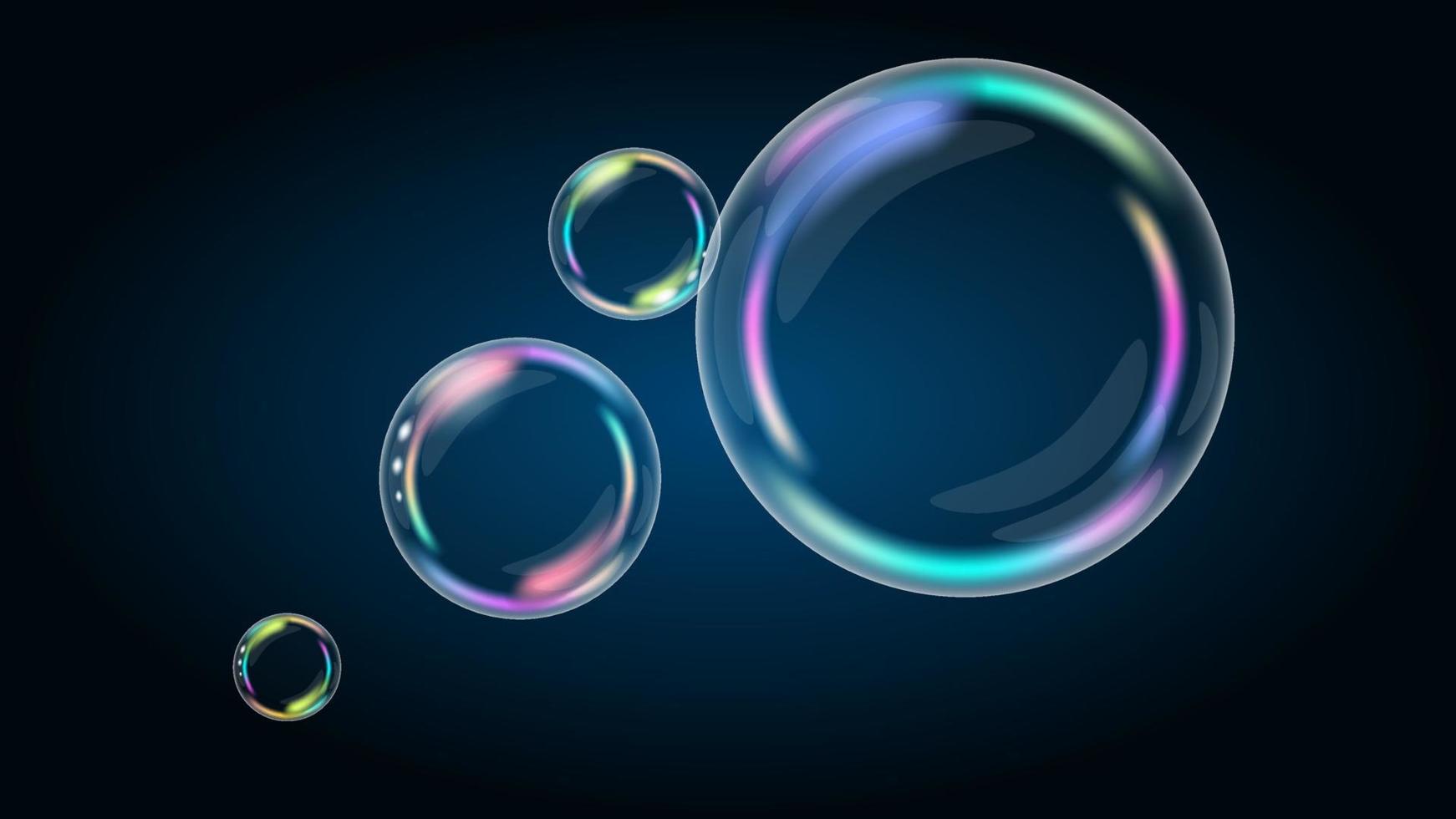 Rainbow soap bubbles on a dark background with copy space. Large and small air bubbles. Vector EPS10.