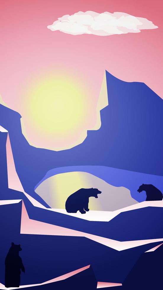 Polygonal mountain landscape with bears on the lake at sunset. Bears sit and one stand on their hind legs. Pink sky with a yellow sun. Vector vertical illustration.