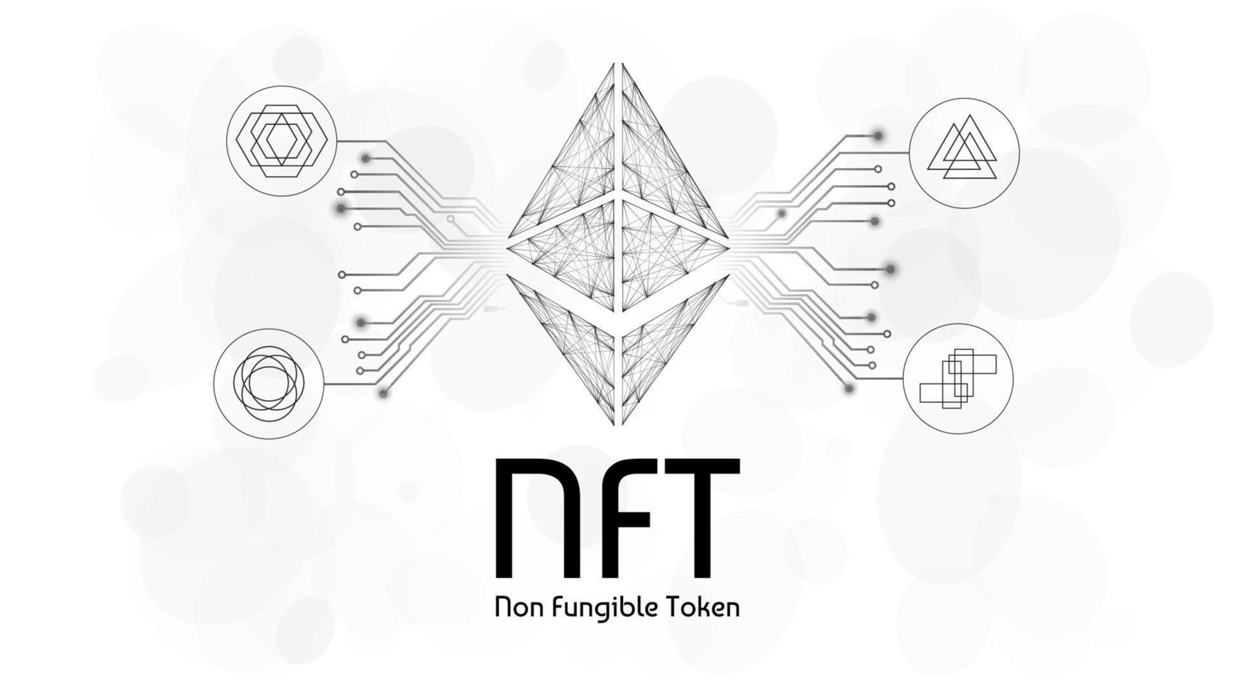 NFT non fungible tokens infographics with pcb tracks and different tokens on white background. Pay for unique collectibles in games or art. Vector illustration.