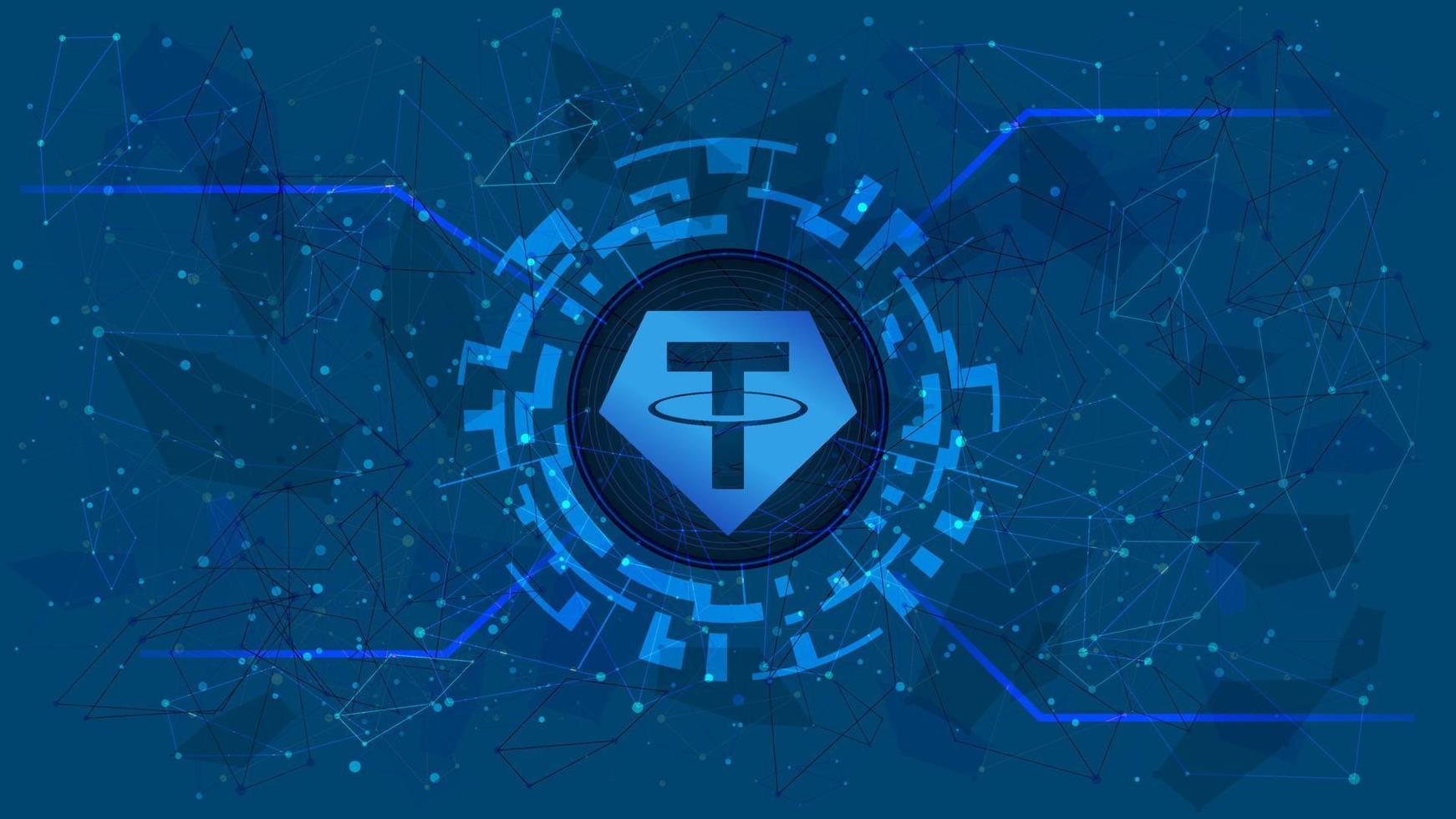 Tether token symbol, USDT coin icon, in a digital circle with a cryptocurrency theme on a blue background. Digital gold in futuristic style for website or banner. Copy space. Vector EPS10.