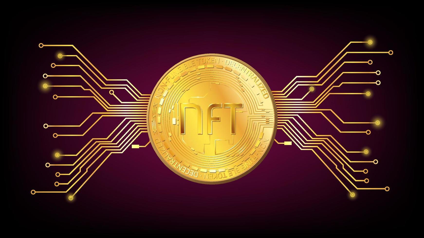 Detailed gold coin NFT non fungible token with pcb tracks on dark red background. Pay for unique collectibles in games or art. Vector illustration.