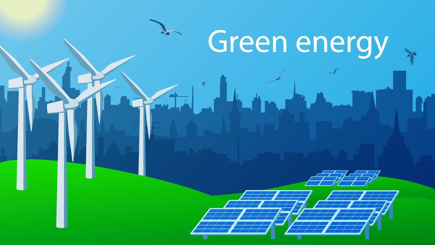 Green energy concept for environmental protection. Windmills and solar panels for generating electricity stand on the green grass. City skyline. Birds fly in the blue sky with the sun. Vector EPS 10.