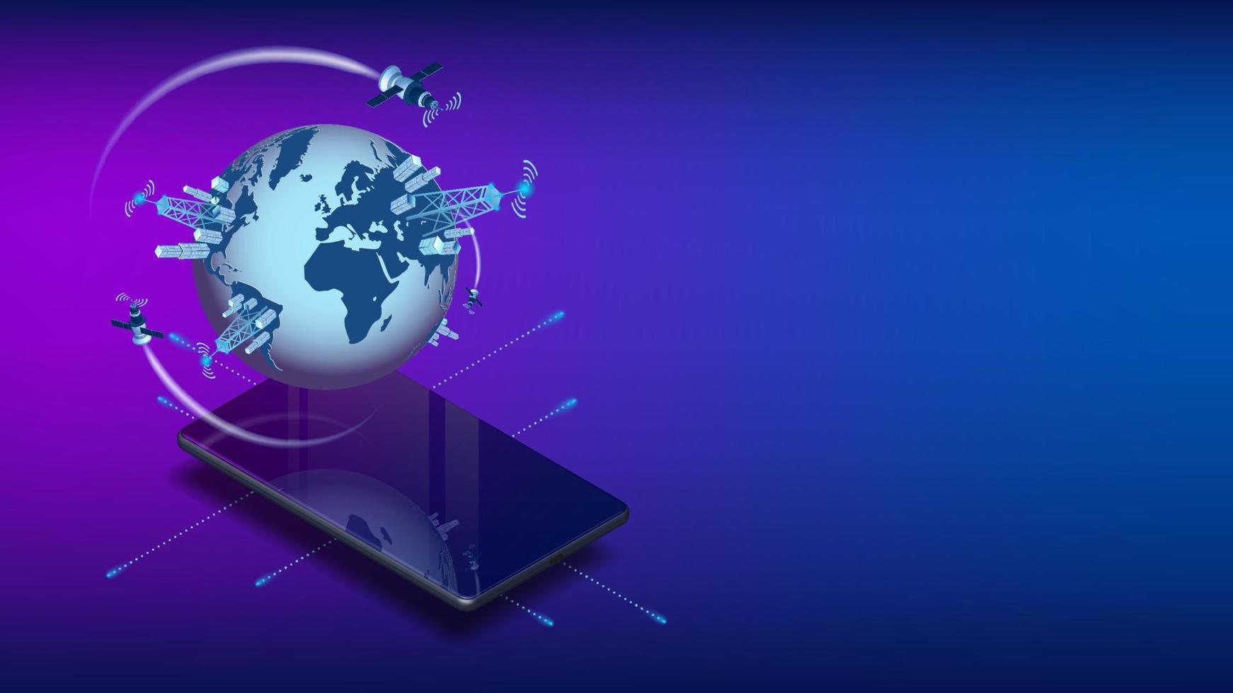 Isometric concept of high speed satellite communication 5g or wifi with smartphone and copy space on blue. 3d planet Earth with cell towers above the phone screen. Banner or website header template. vector