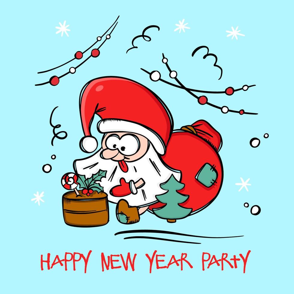 SANTA WITH CAKE Funny Dwarf Bag With Gifts Vector Postcard