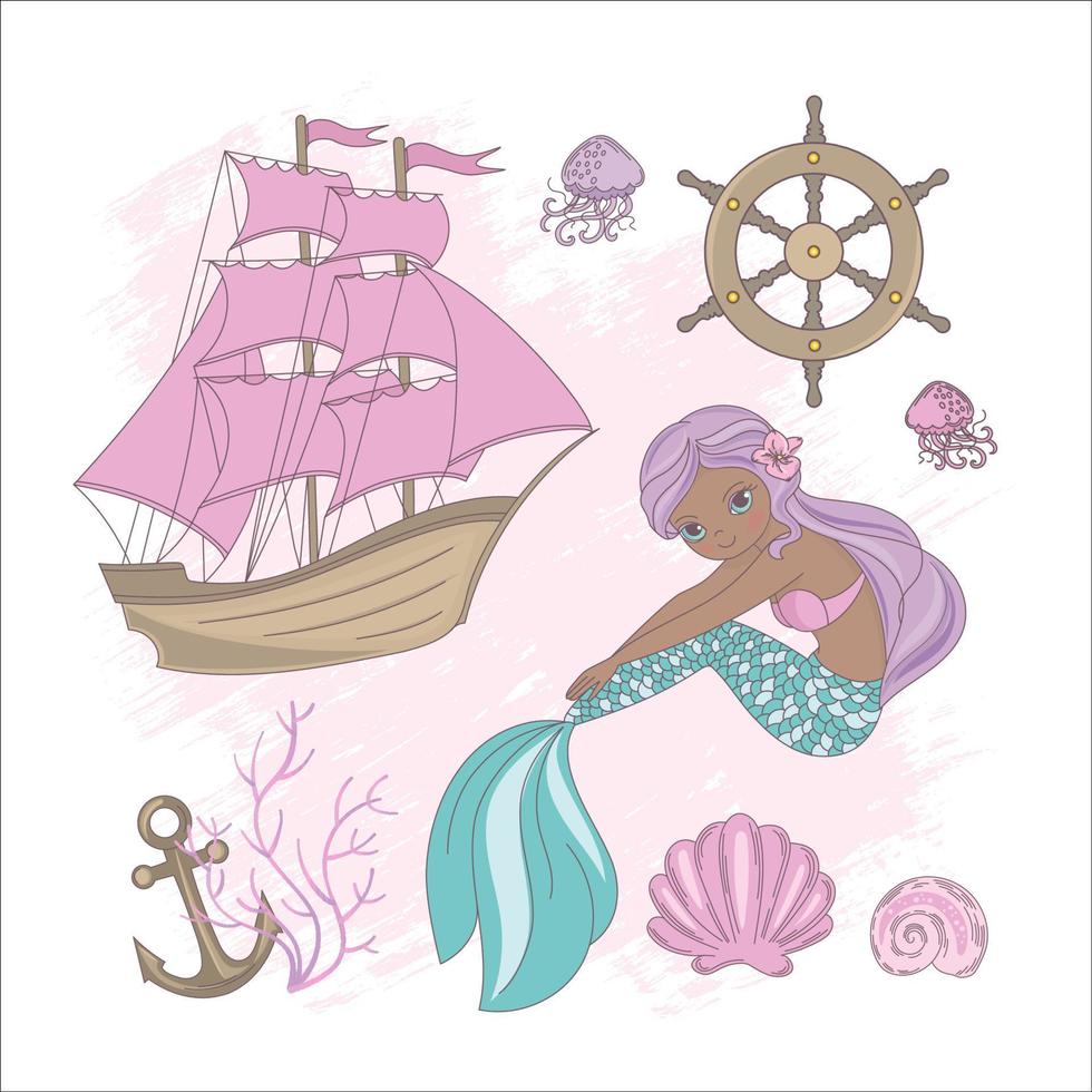 SHIP MERMAID Girl And Pink Sailboat Vector Illustration Set