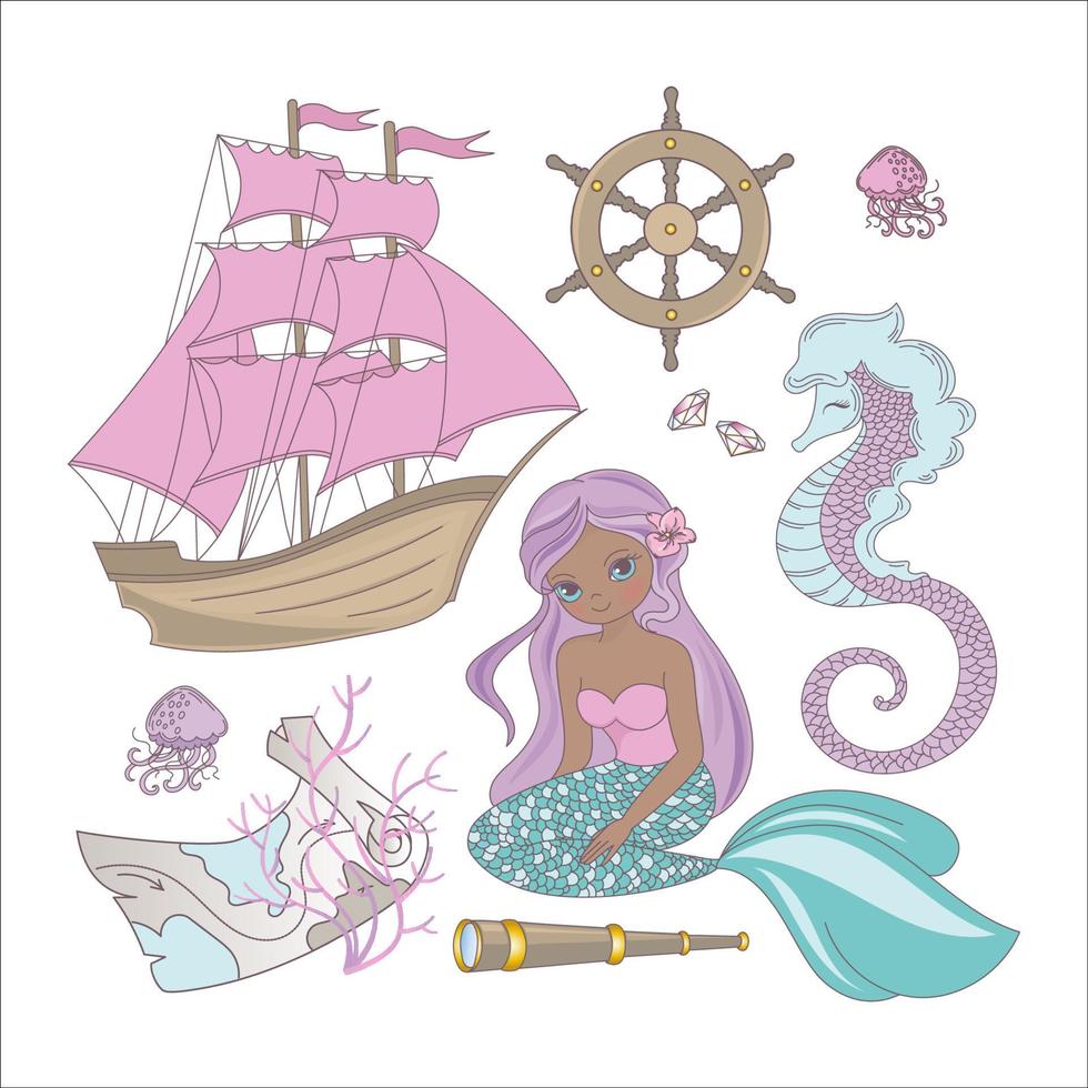 TRAVEL MERMAID Ship Summer Cruise Sea Vector Illustration Set