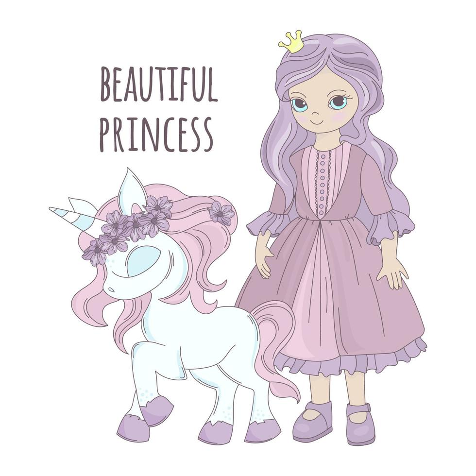 unicornio princesa niña con corona dibujos animados vector ilustración conjunto