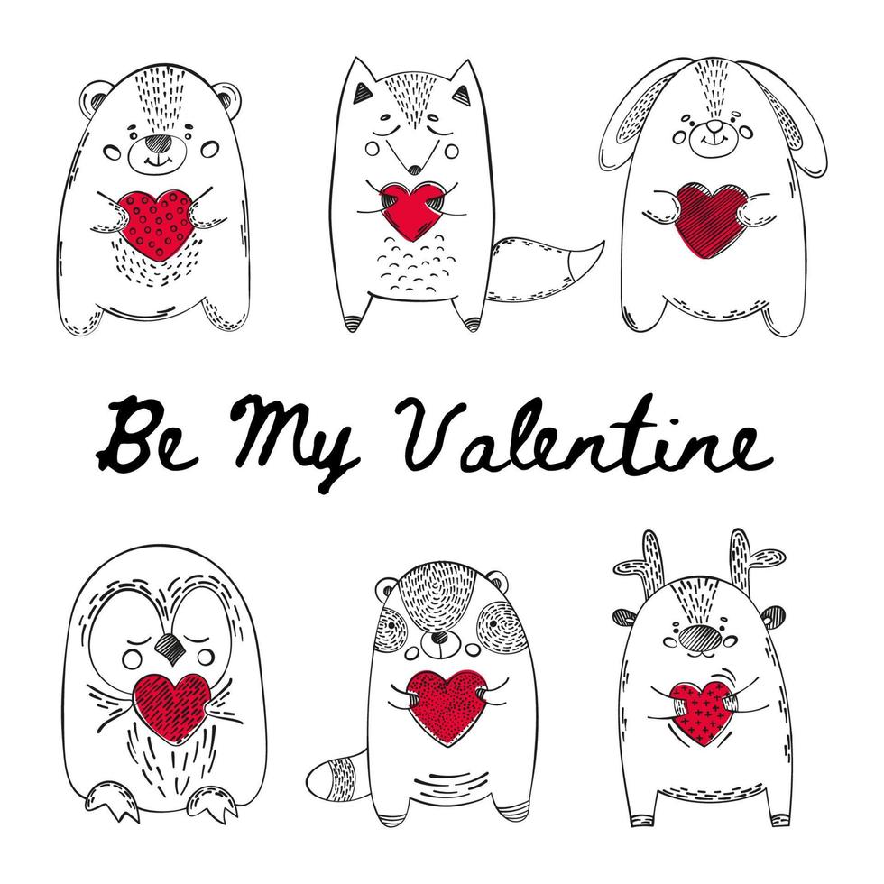 VALENTINE ANIMALS Cute Babes Cartoon Vector Illustration Set