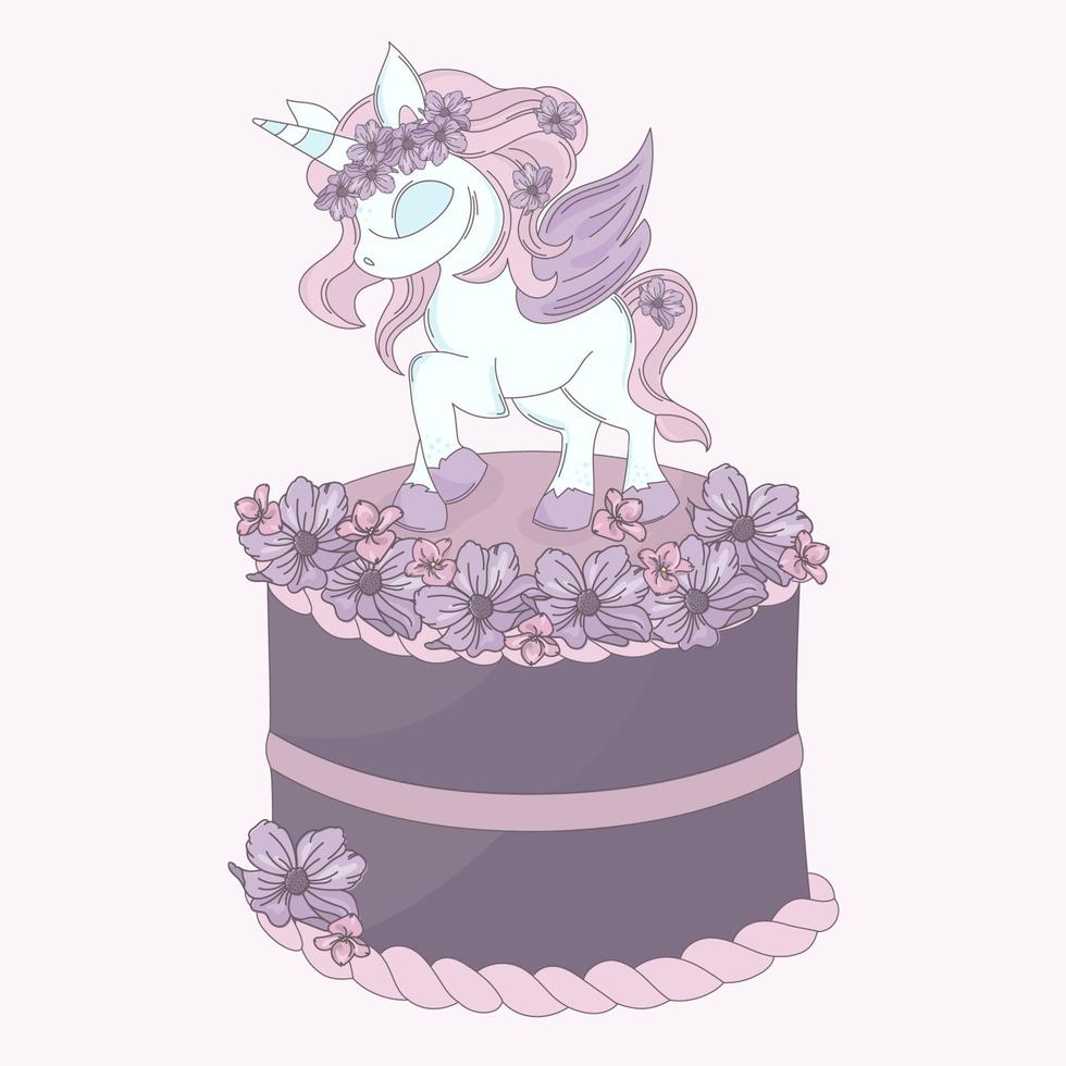 UNICORN CAKE To Birthday Party Cartoon Vector Illustration Set