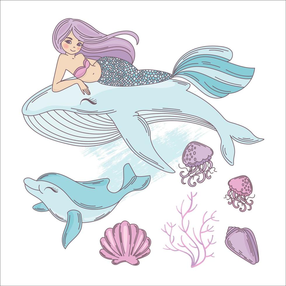UNDERWATER LIFE Mermaid And Whale Vector Illustration Set