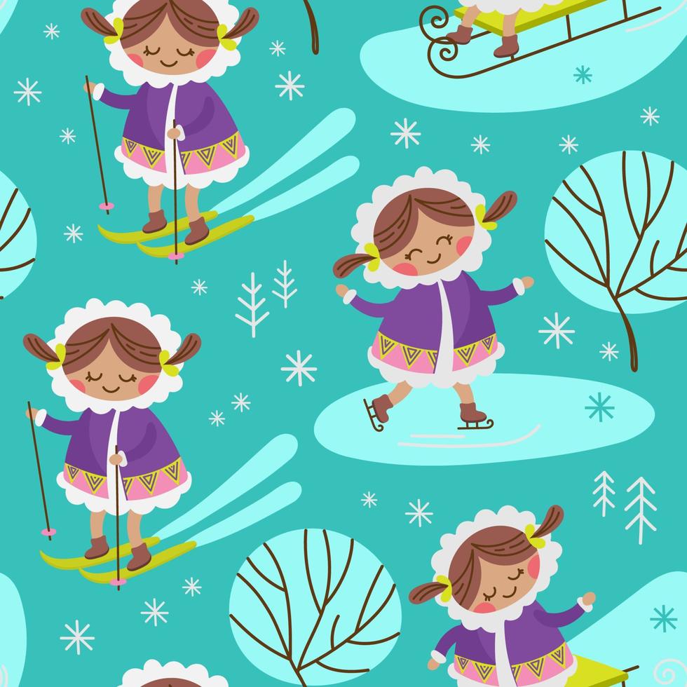 ALASKA GIRL Flat Design Seamless Pattern Vector Illustration