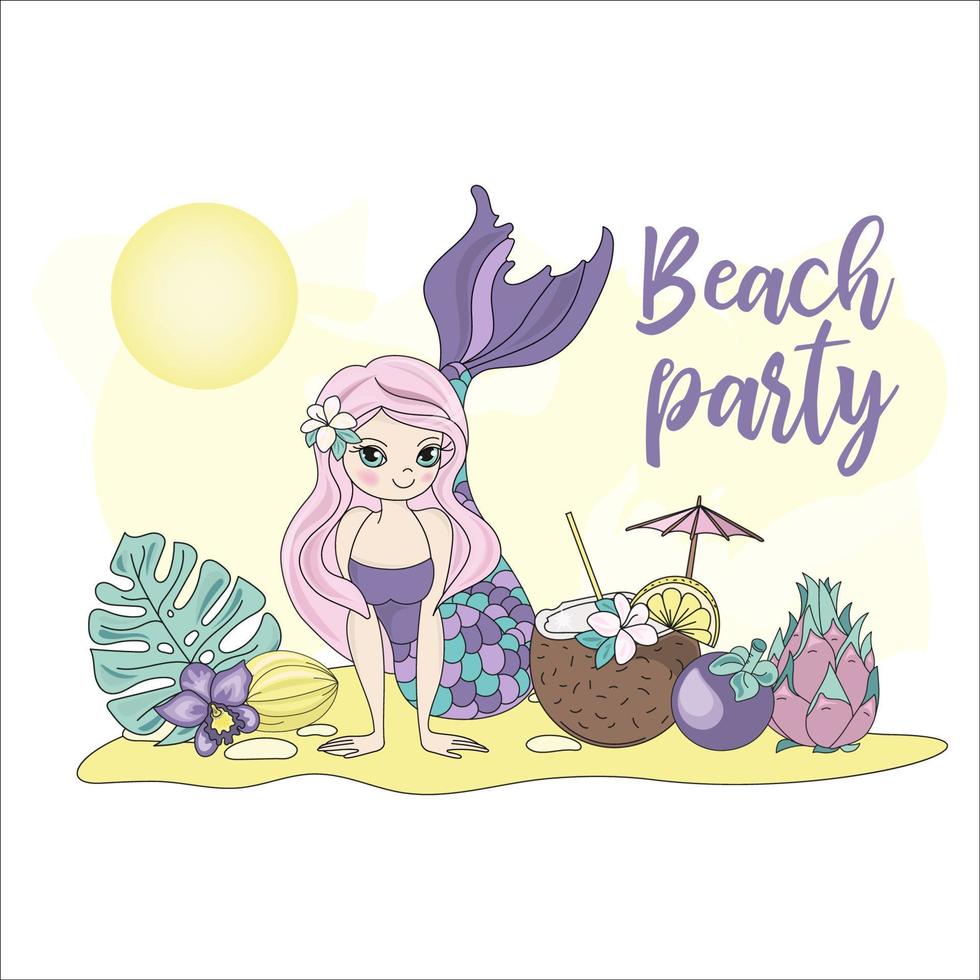 BEACH PARTY Mermaid Tropical Vacation Vector Illustration Set