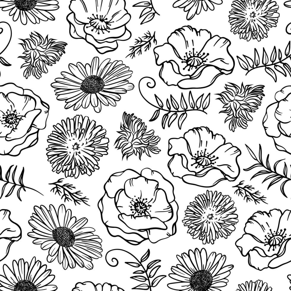 CHAMOMILE DANDELION AND POPPY Seamless Pattern Vector Illustration