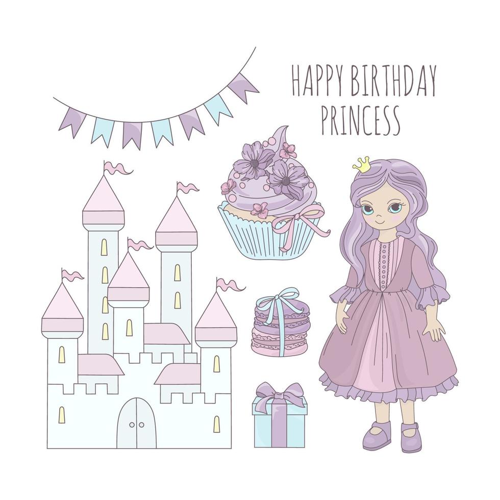 PRINCESS BIRTHDAY Stands Near Castle Vector Illustration Set