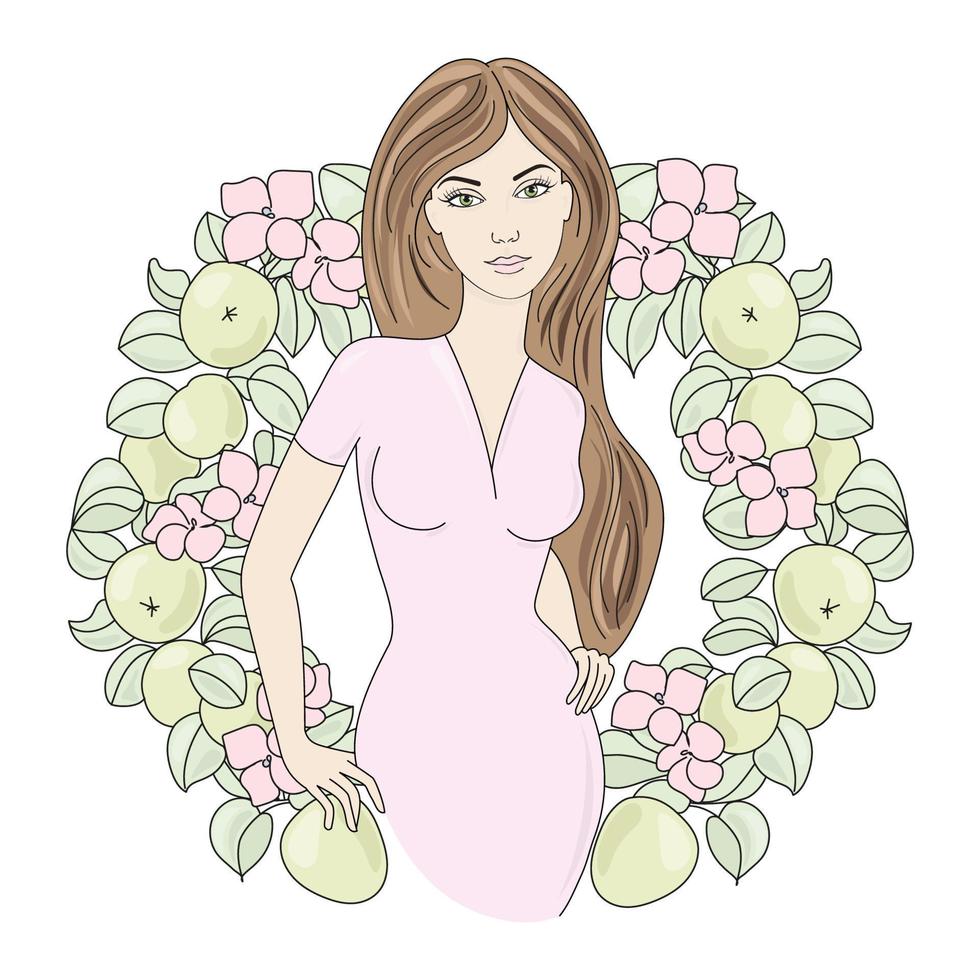 primavera retrato niña y guirnalda floral vector ilustración conjunto