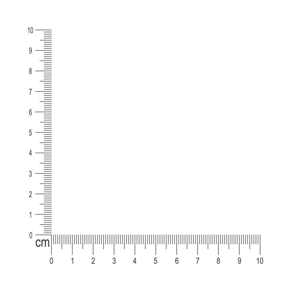 10 cm corner ruler. Measuring tool template with vertical and horizontal lines with centimeters and millimeters markup and numbers vector