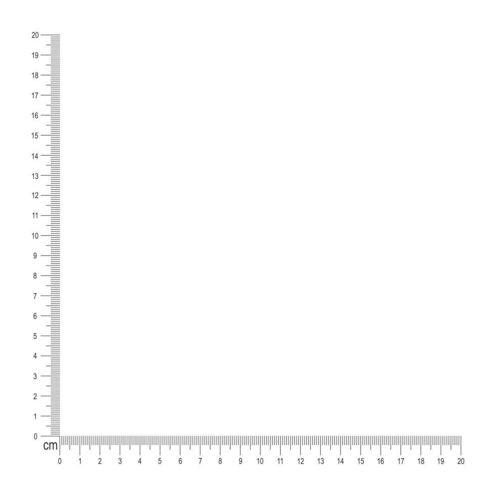 20 cm esquina regla modelo. medición herramienta con vertical y horizontal líneas con centímetros y milímetros margen y números vector