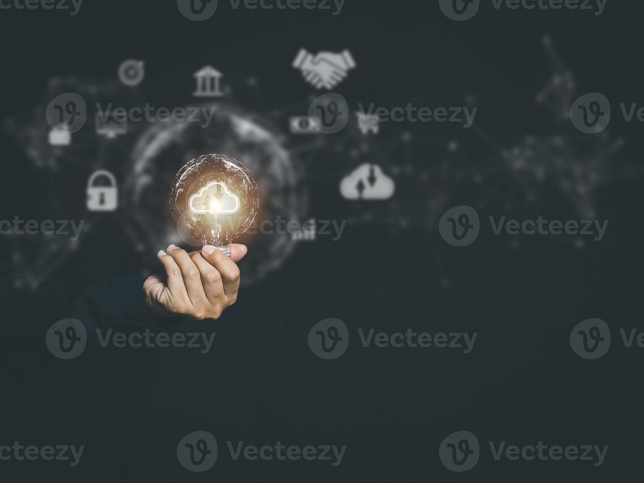 Global internet connection, cloud connection through light bulb display, data access, input, export with huge database. photo