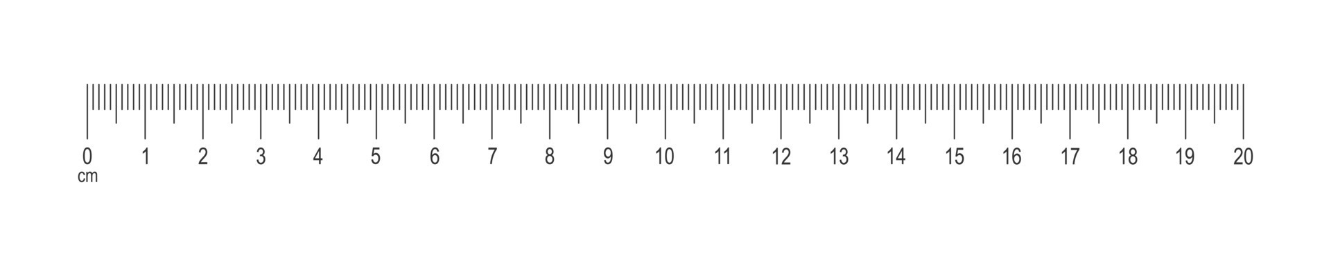 Horizontal scale of ruler with 20 cm markup and numbers. Distance ...