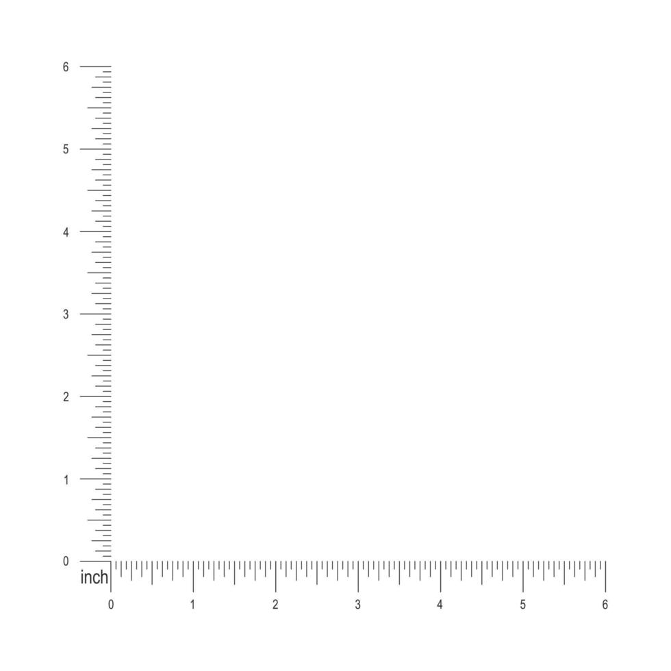 6 inch corner ruler scale. Measuring tool template with vertical and horizontal lines with inches fractions markup and numbers vector