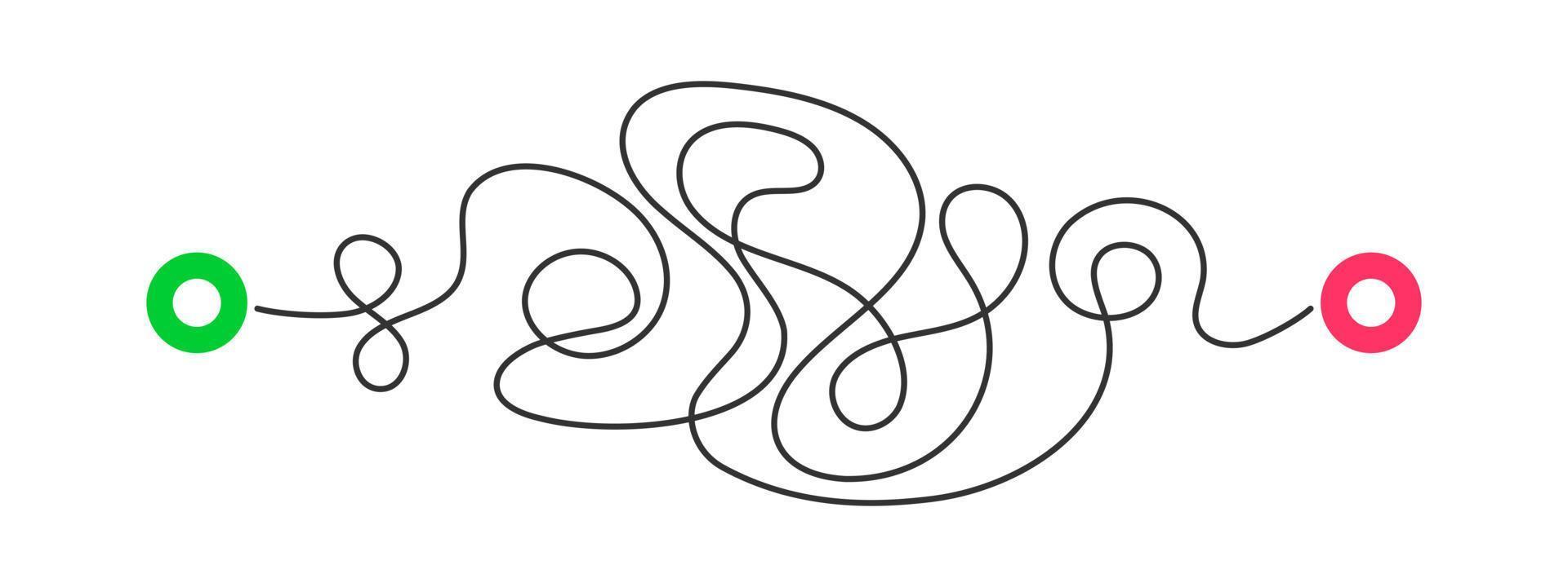 Curved line with green start and red finish point. Difficult way, chaos
