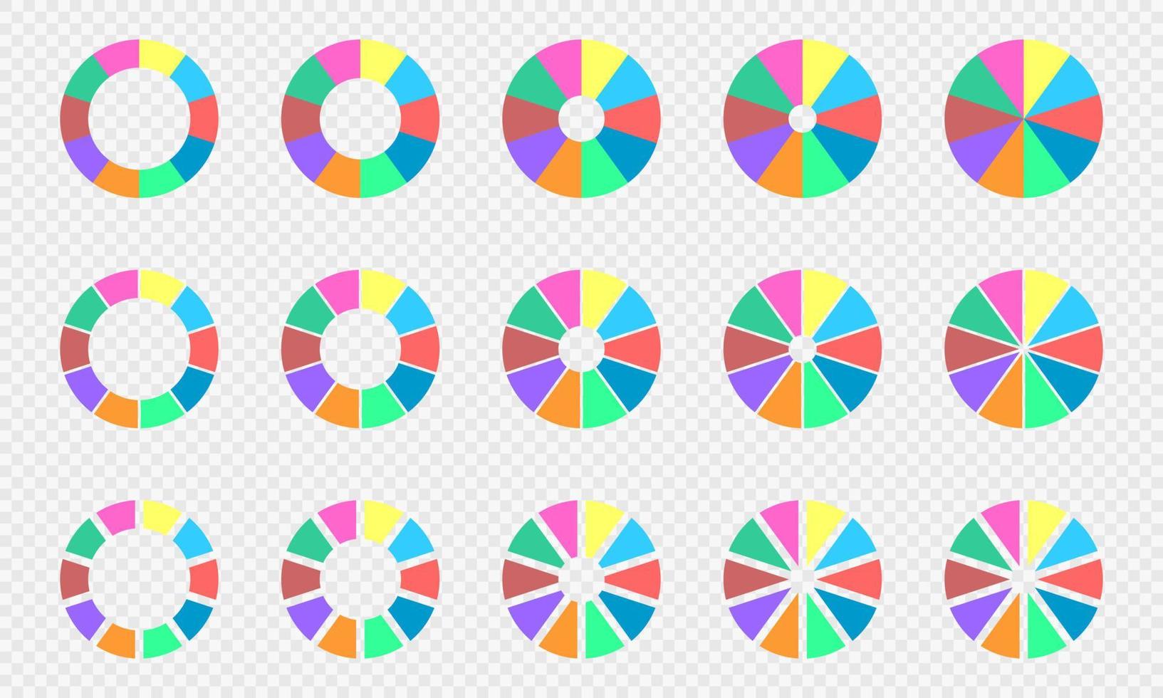 Pie and donut charts set. Circle diagrams divided in 10 sections of different colors. Infographic wheels. Round shapes cut in ten parts vector