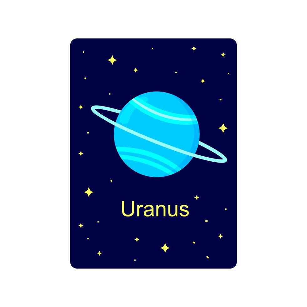 Flashcard for kids with Uranus planet on dark starry background. Educational material for schools and kindergartens for space science learning vector