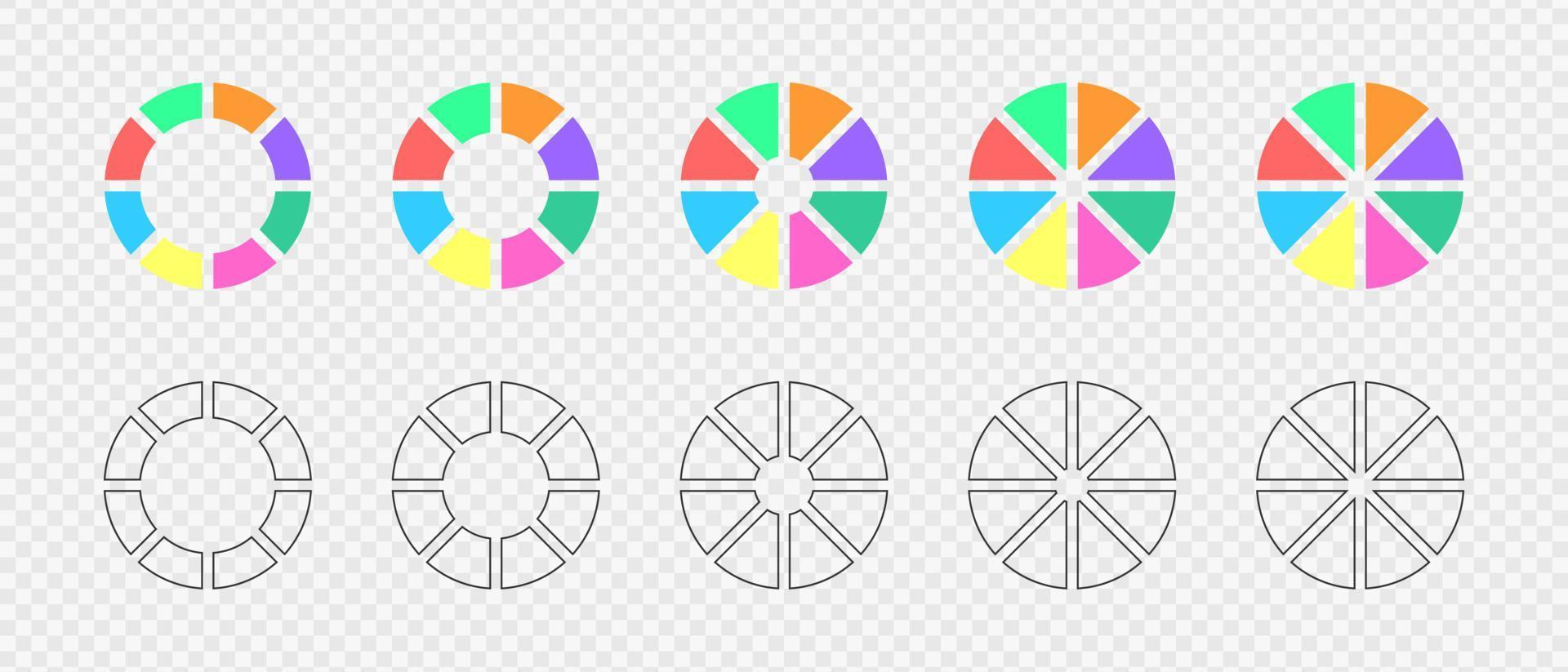 rosquilla cartas colocar. circulo diagramas dividido en 8 secciones en plano y gráfico variaciones. infografía ruedas, cargando barras, redondo formas cortar en ocho igual partes vector