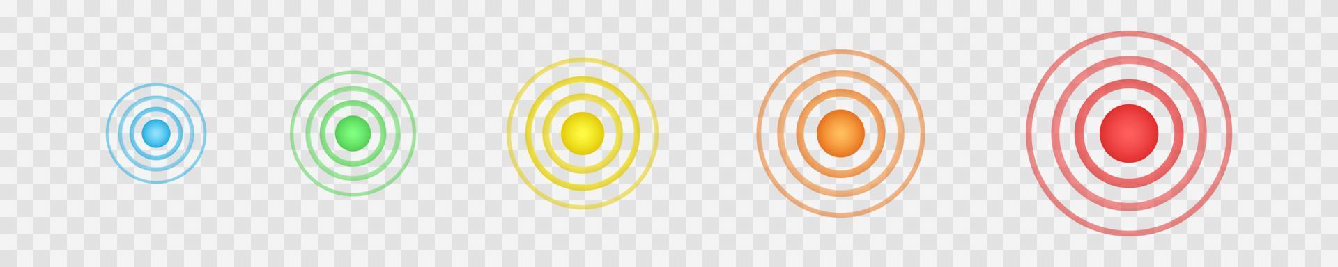 Multicolored concentric points. Symbols of aim, target, pain, healing, hurt, painkilling. Round localization icons. Radar, sound or sonar wave signs vector