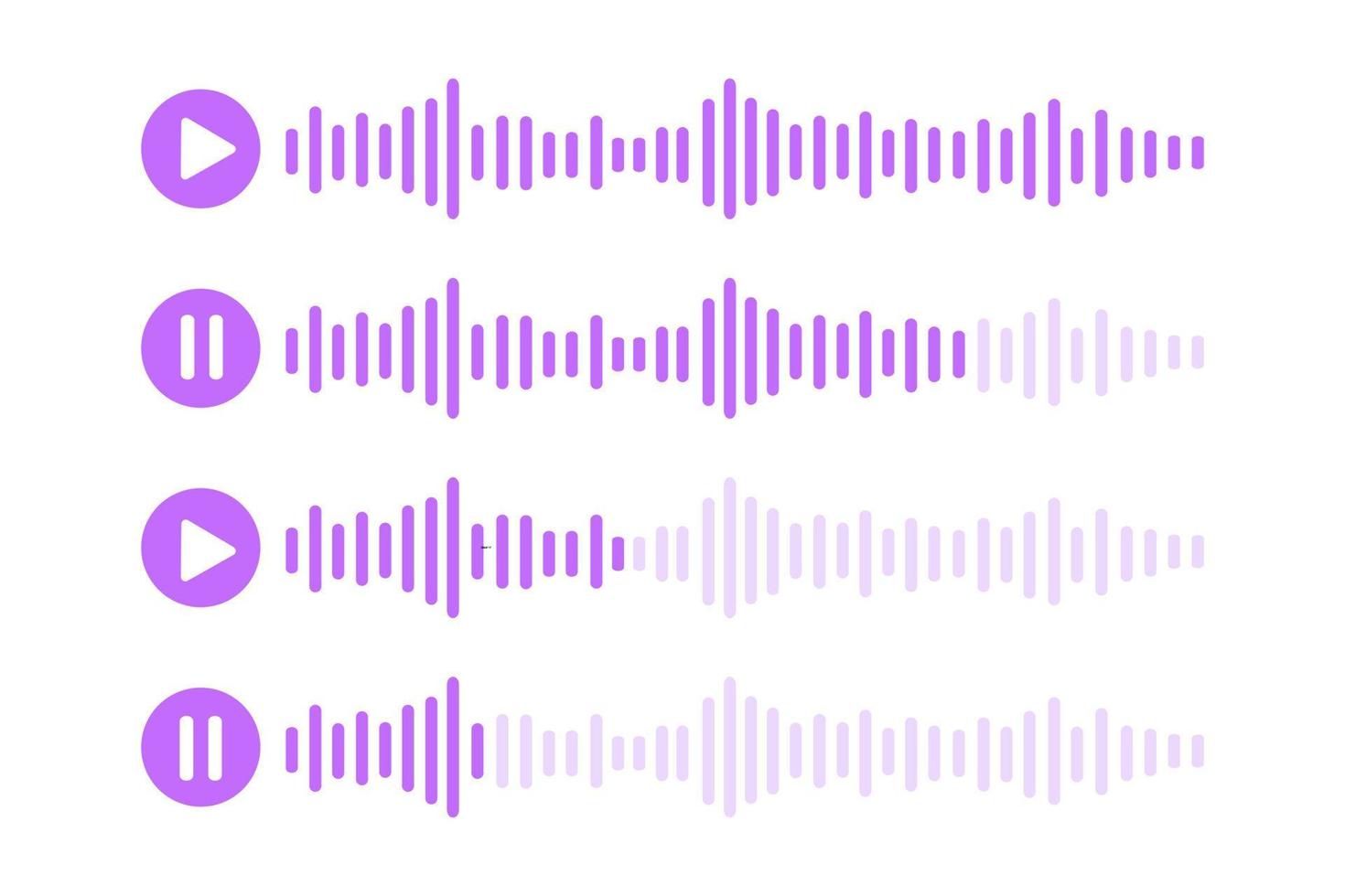 Voice message icons. Audio chat with playing and paused speech sound waves. Messenger, radio, podcast mobile app interface vector