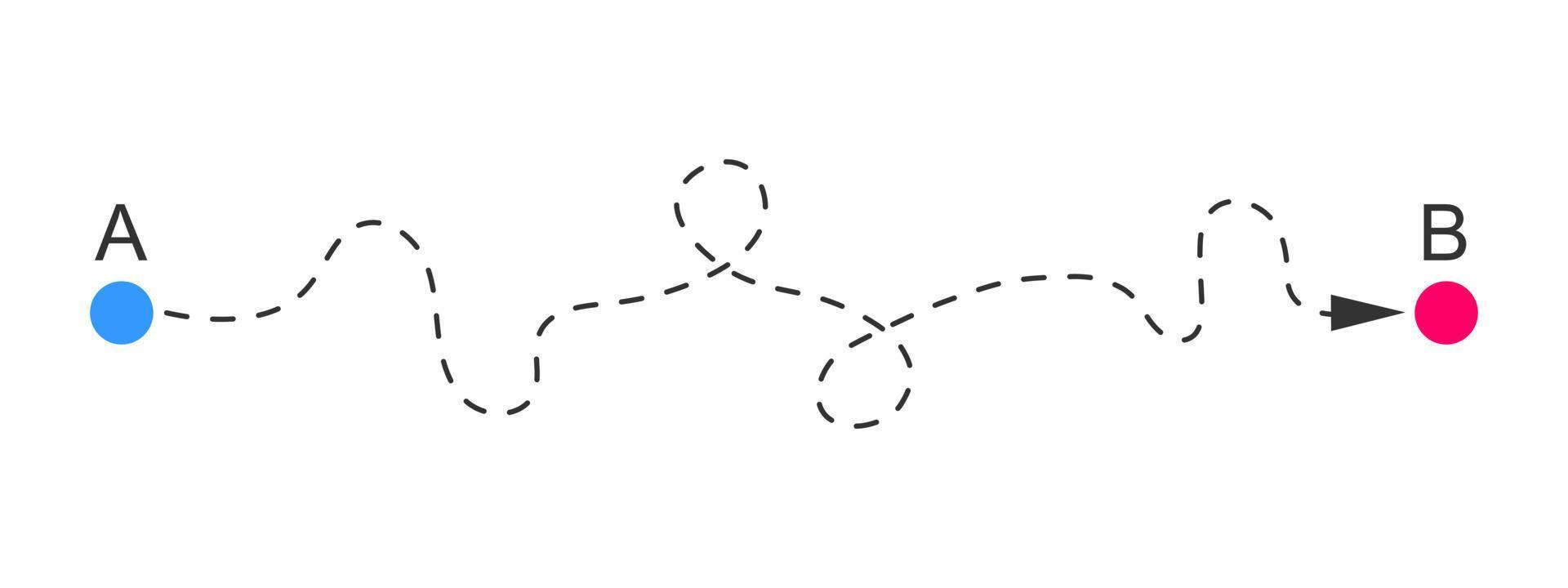 Curved dashed line from A to B start and finish points and direction arrow. Difficult way, chaos path, hard route symbol vector