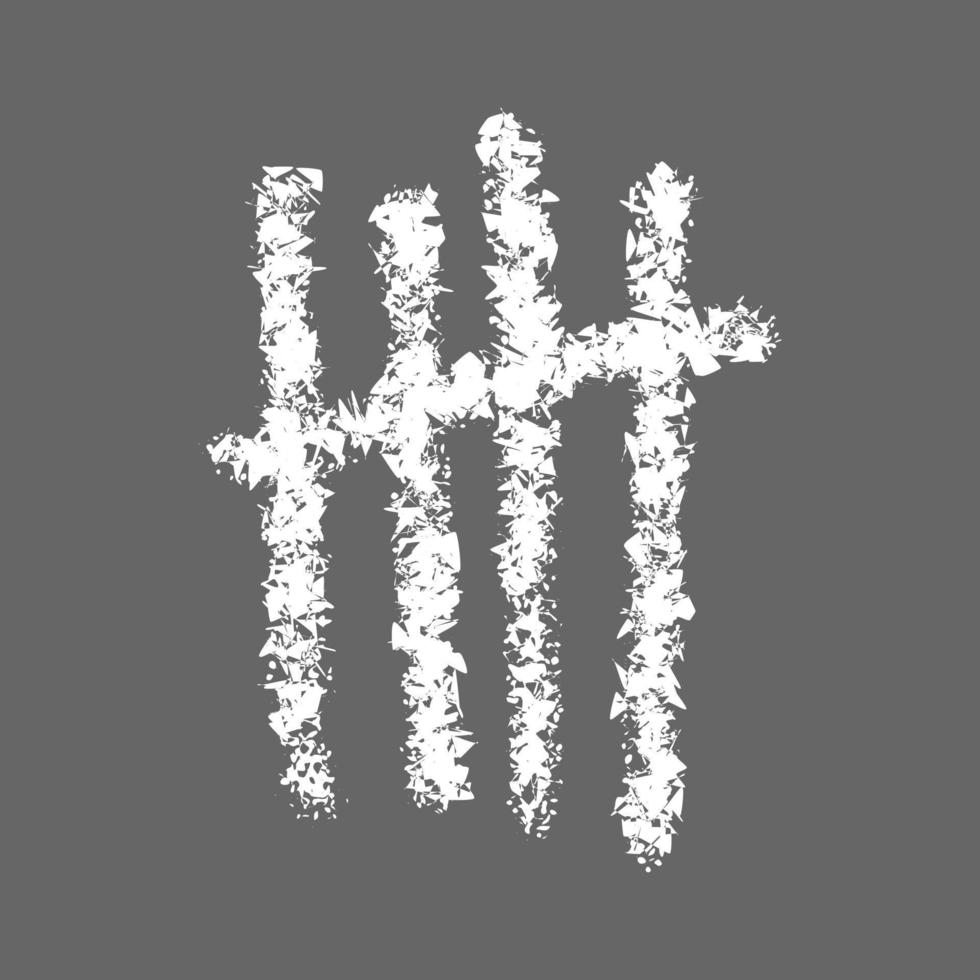 Chalk hand drawn tally mark. Counting stripes on chalkboard. Number 5 symbol in unary numeral system. White sticks sorted by four and crossed out by slash line vector