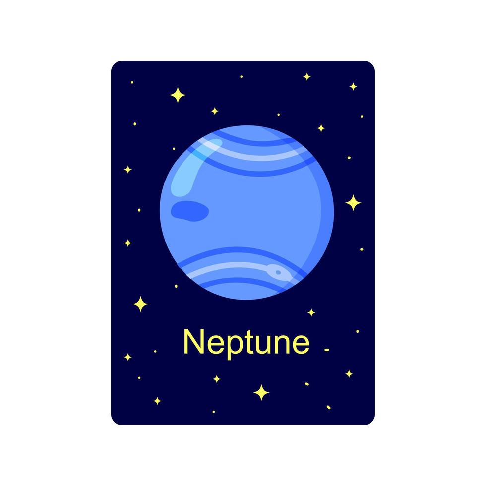 Flashcard for kids with Neptune planet on dark starry background. Educational material for schools and kindergartens for space science learning vector