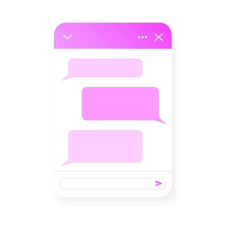 Chat bot screen template. Life chat pop up window with empty message bubbles. Virtual assistant, online customer support conversation. Mobile messenger app design vector