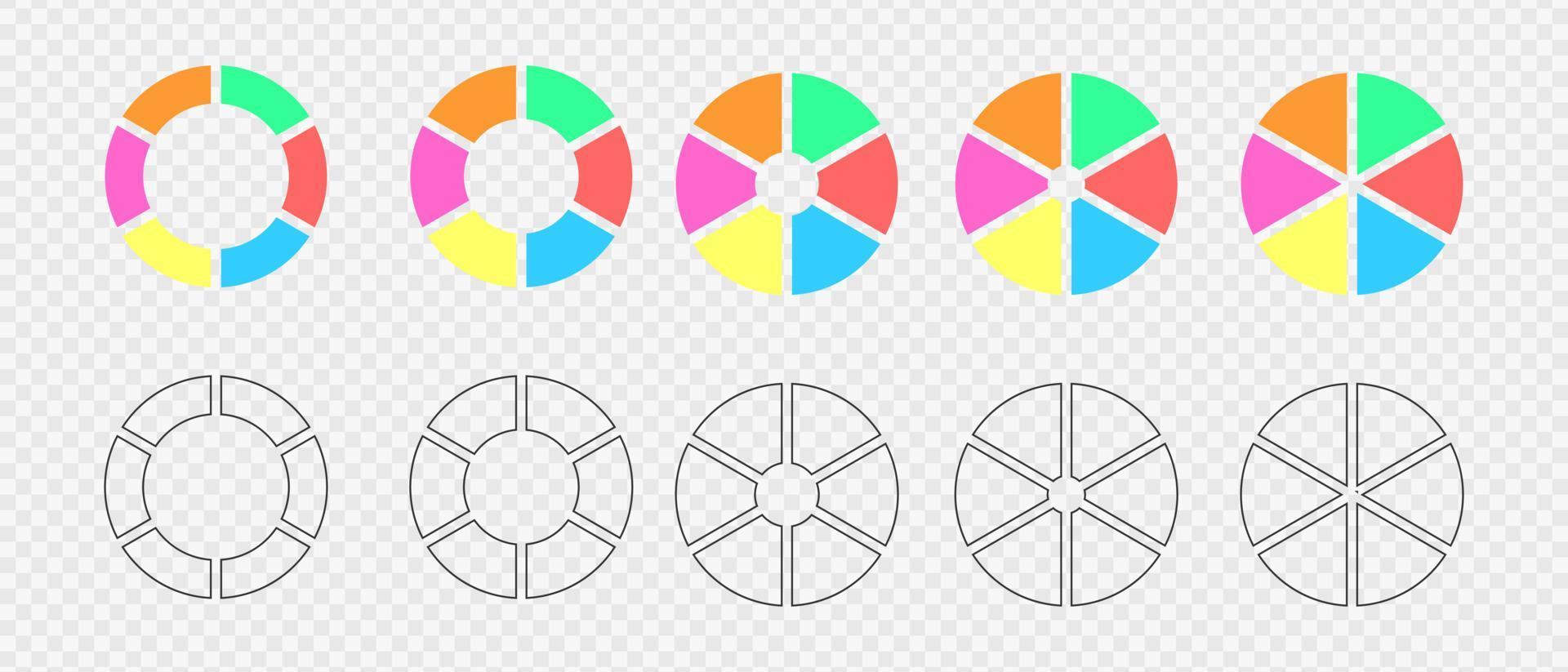 Set of donut charts segmented on 6 equal parts. Infographic wheels divided in six colored and graphic sections. Circle diagrams or loading bars vector