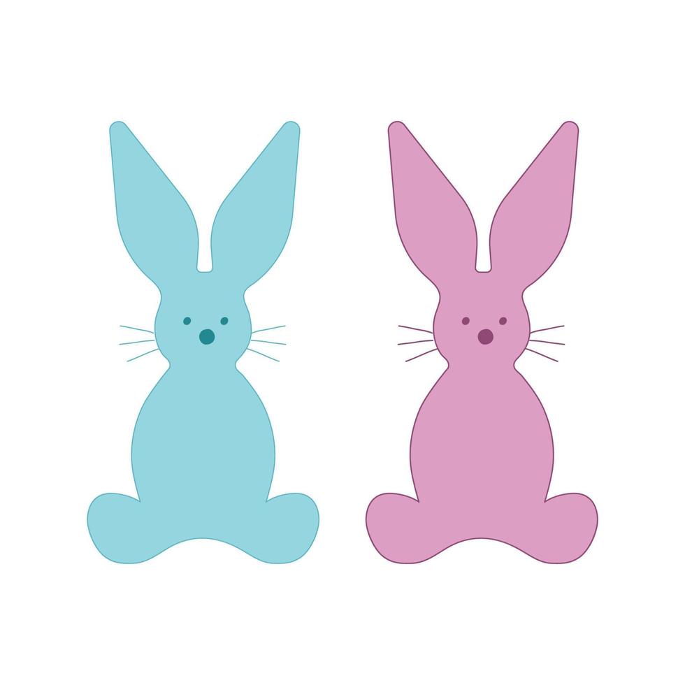 Bunnies silhouettes. Blue and pink outline. Vector image of rabbits, hares, heart in doodle style.