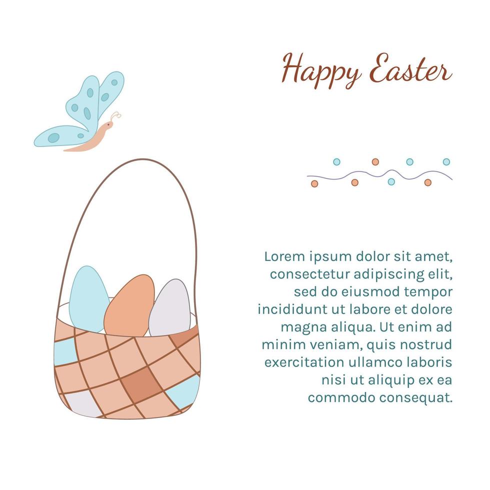 Card Happy easter with Basket with eggs and butterfly. Wicker basket. Vector Pastel illustration.