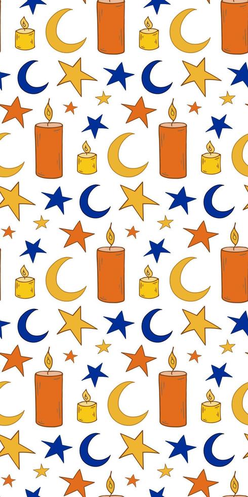 Seamless pattern candles moon stars. Orange, blue and yellow colors. Magical Doodle Bright Vector. vector