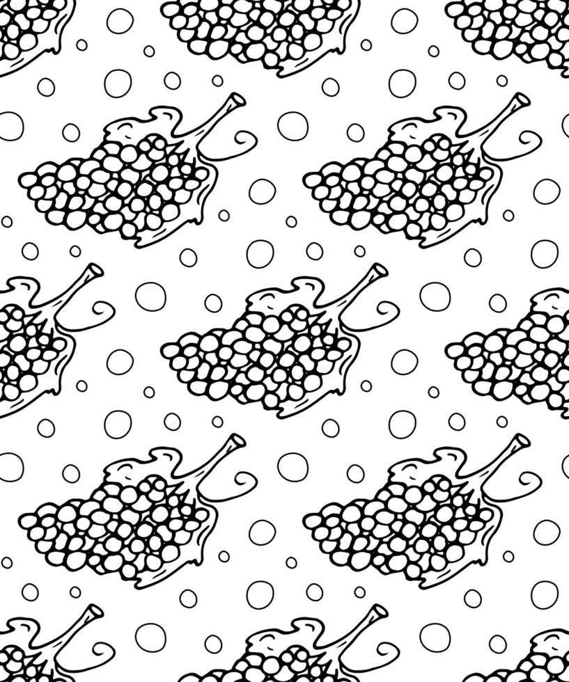 Grape Doodle seamless pattern. Vector black and white outline. Bunch of grapes endless image.