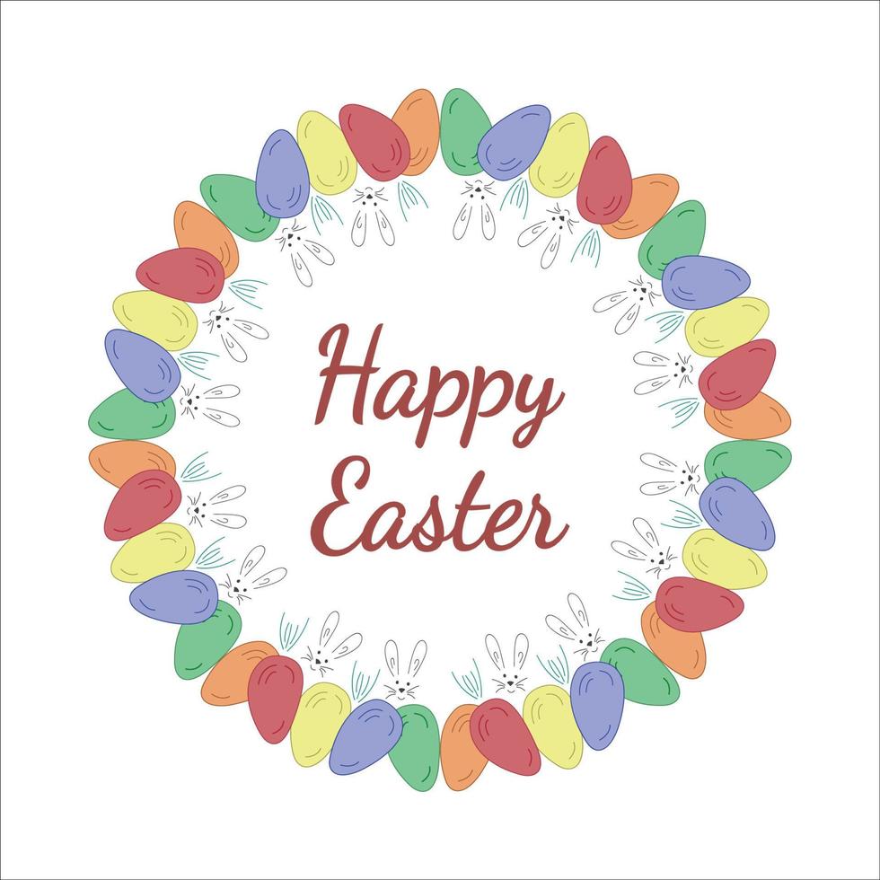 Easter wreath. Rabbit, colored eggs. Doodle vector illustration. Happy Easter lettering.