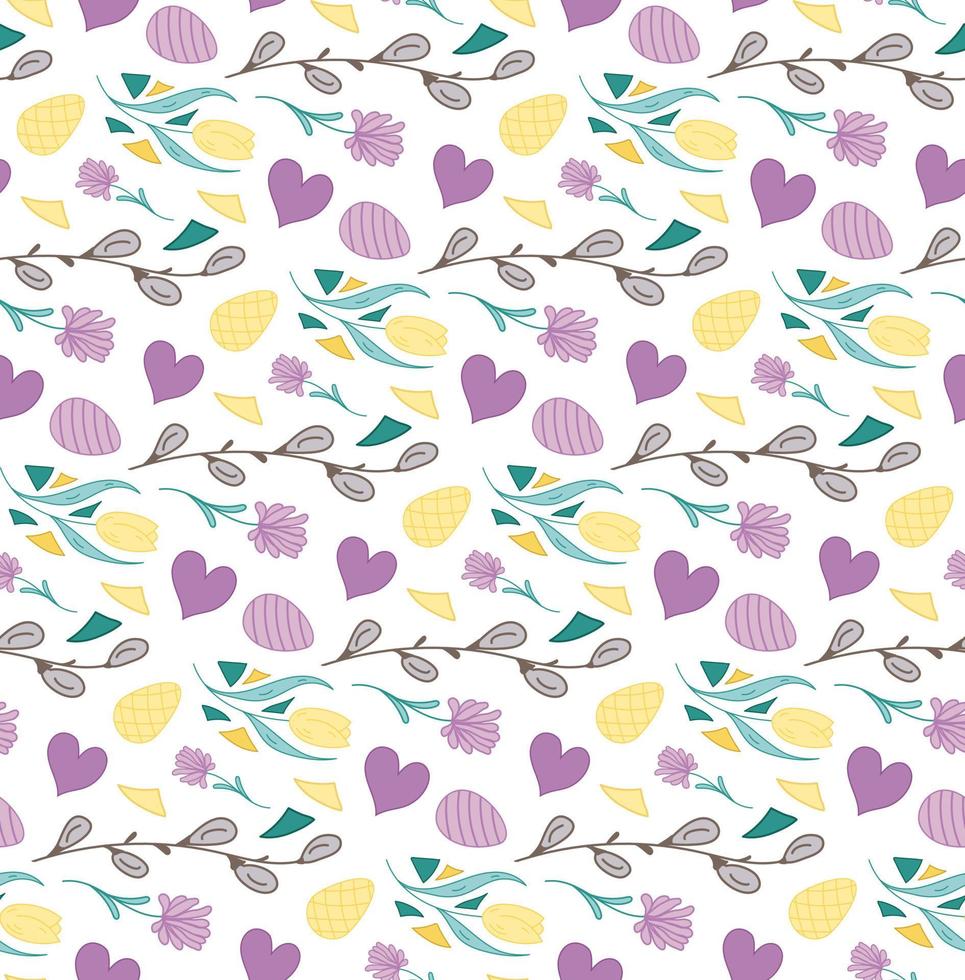 Doodle seamless pattern with flowers, eggs, Willow buds, hearts. Vector Texture paper gift, textile