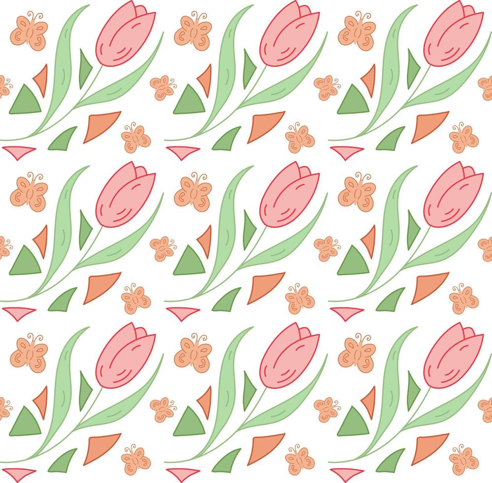 Seamless pattern tulip, butterfly, triangle. Spring geometric vector pattern red, green color.