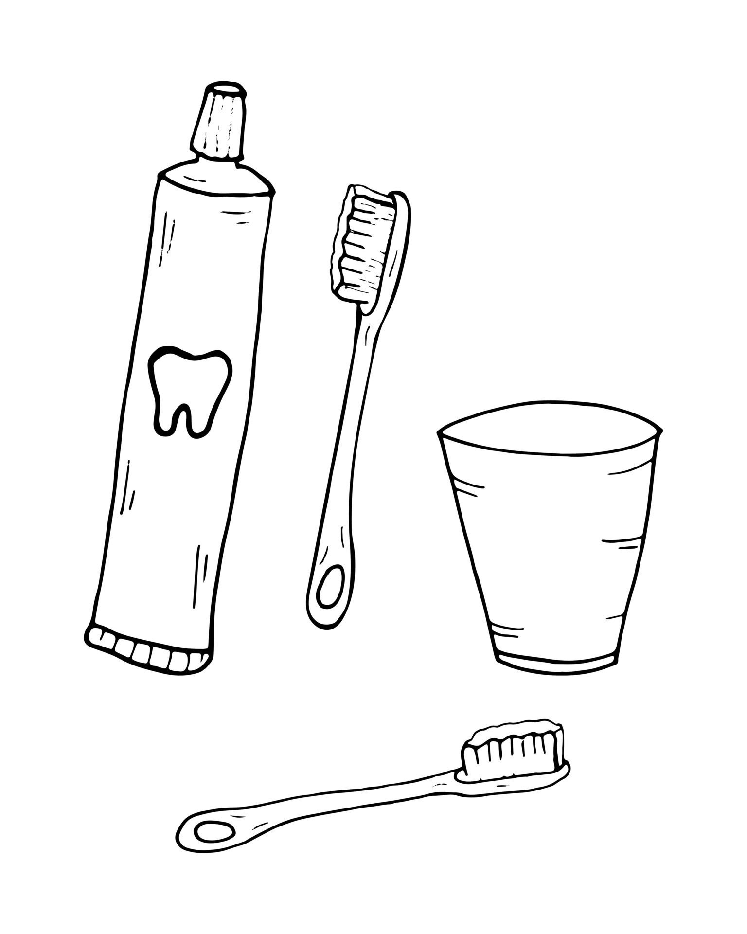Coloring page Toothbrushes, toothpaste, mouthwash Outline vector
