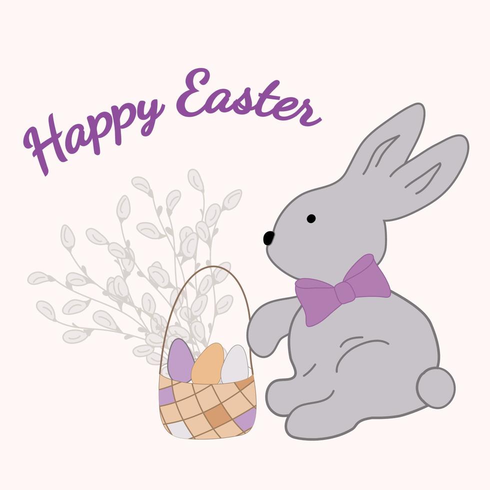 Happy easter greeting card with rabbit, bunny, willow branches, eggs in bascket. Vector illustration