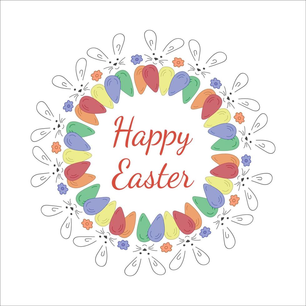 Easter wreath. Rabbit, flowers, eggs. Doodle vector illustration. Happy Easter lettering.