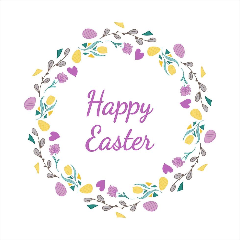 Easter wreath. Willow buds, flowers, heart, eggs. Doodle vector illustration. Happy Easter lettering