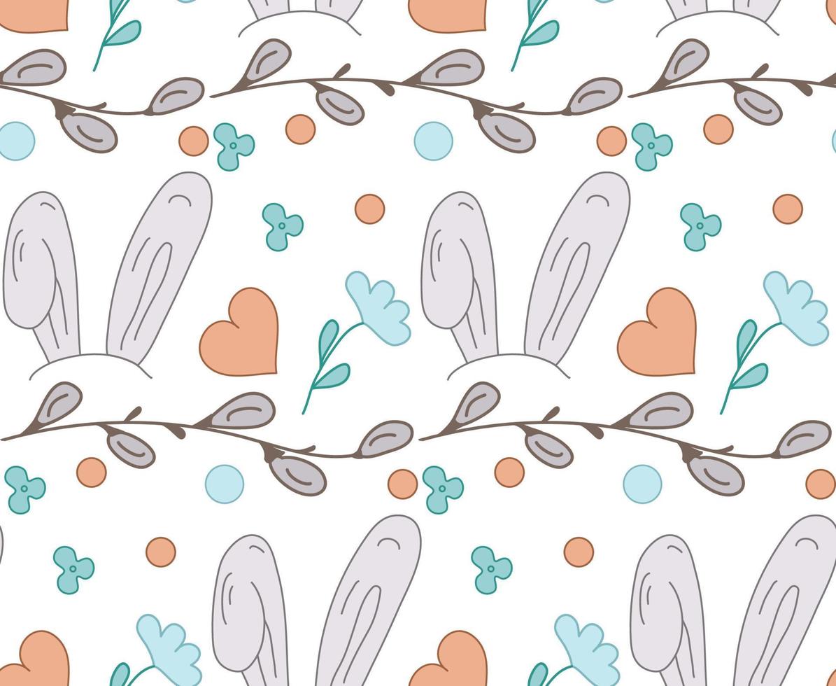 Doodle seamless pattern with bunny ears, flowers, Willow buds, hearts. Spring Vector illustration.