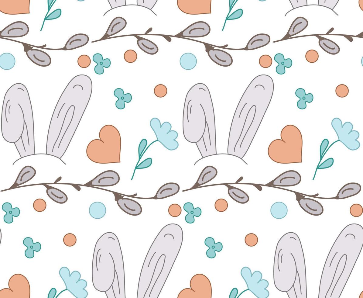 Doodle seamless pattern with bunny ears, flowers, Willow buds, hearts. Spring Vector illustration.